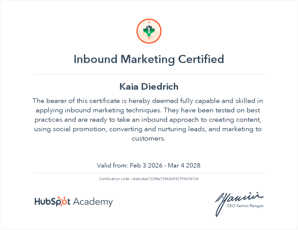 HubSpot Inbound Marketing Certificate for Kaia Diedrich